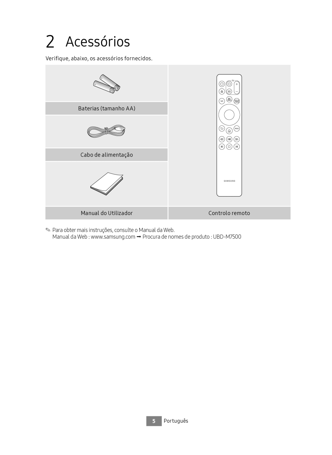 Samsung UBD-M7500/ZF manual Acessórios 