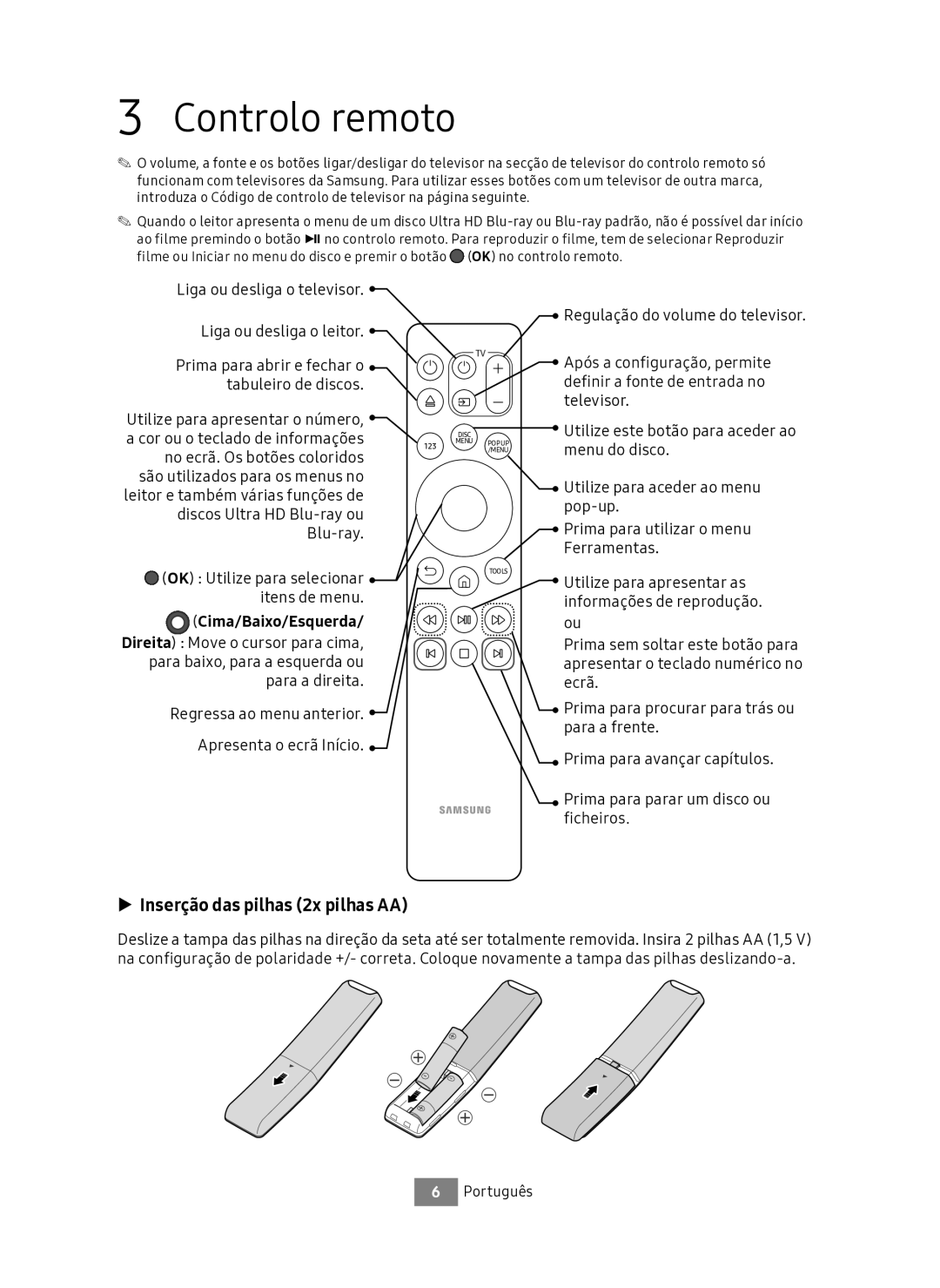 Samsung UBD-M7500/ZF manual Controlo remoto, Inserção das pilhas 2x pilhas AA, Cima/Baixo/Esquerda 