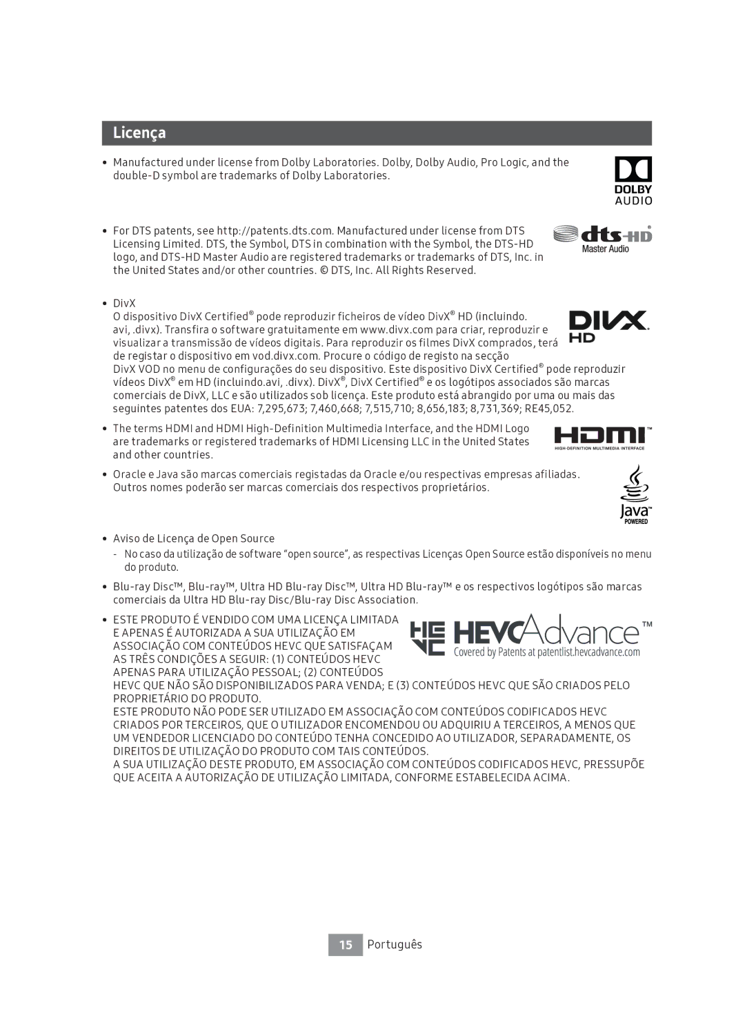 Samsung UBD-M7500/ZF manual Licença 