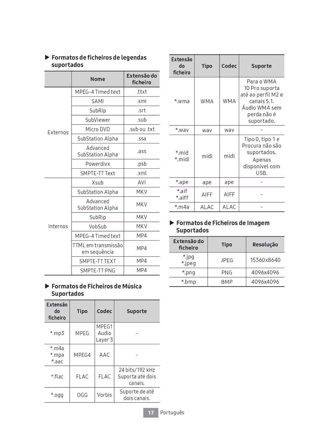 Samsung UBD-M7500/ZF manual Formatos de ficheiros de legendas suportados, Formatos de Ficheiros de Música Suportados 