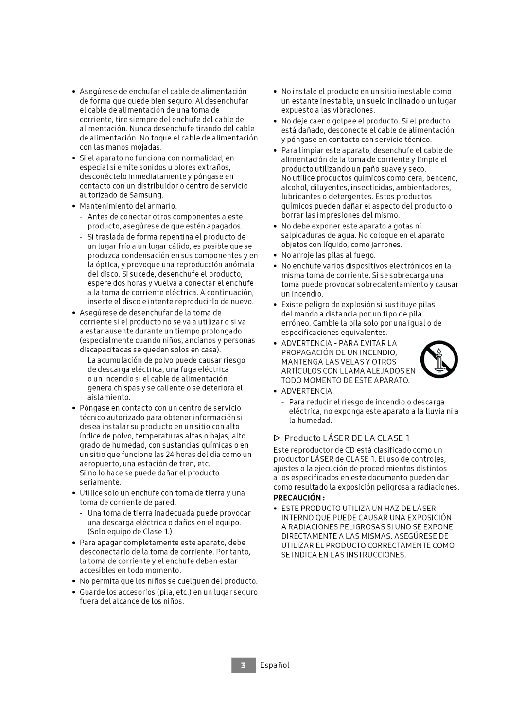 Samsung UBD-M7500/ZF manual ▷▷ Producto Láser DE LA Clase, Advertencia Para Evitar LA Propagación DE UN Incendio 