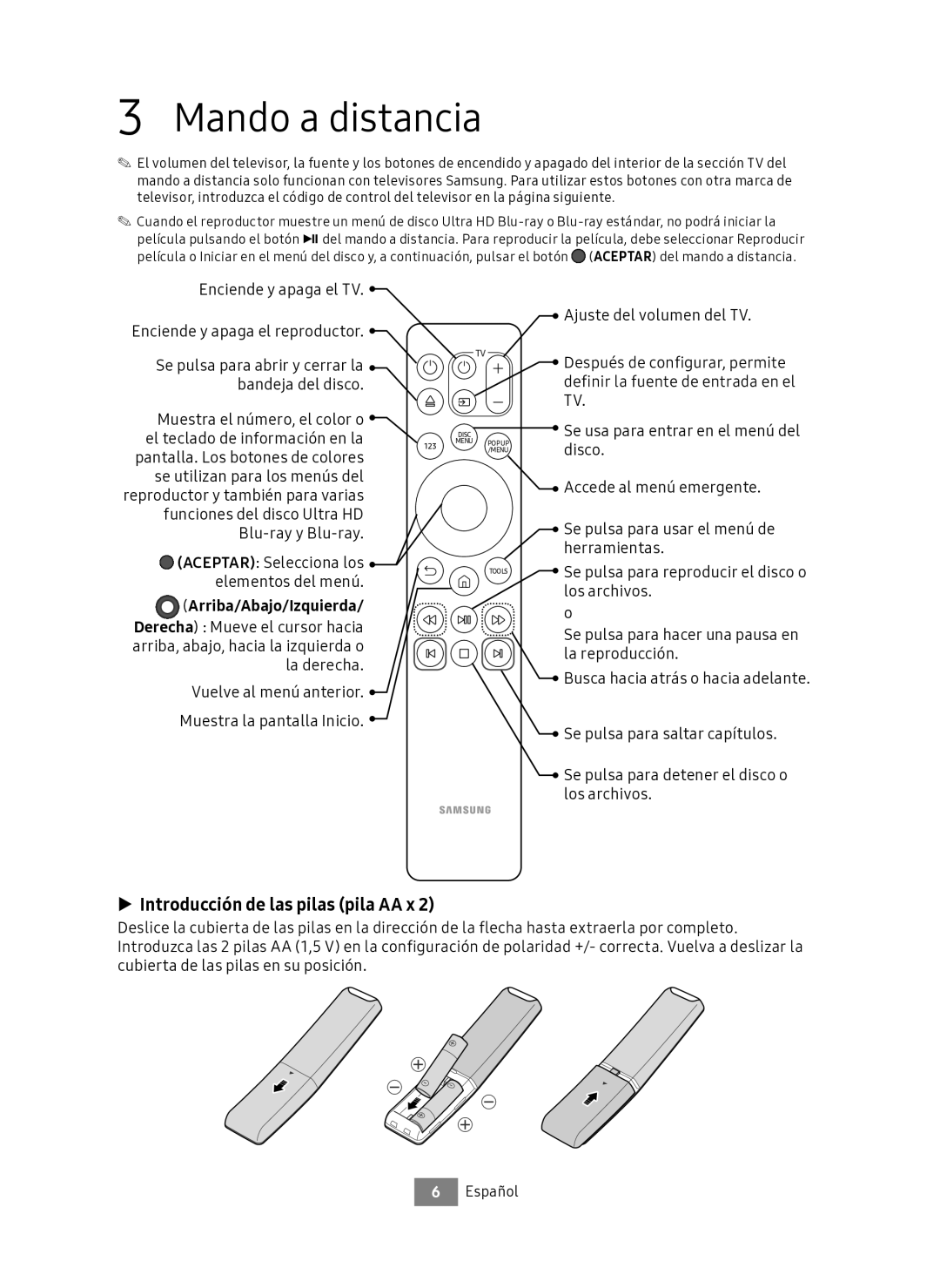 Samsung UBD-M7500/ZF manual Mando a distancia, Introducción de las pilas pila AA x, Arriba/Abajo/Izquierda 