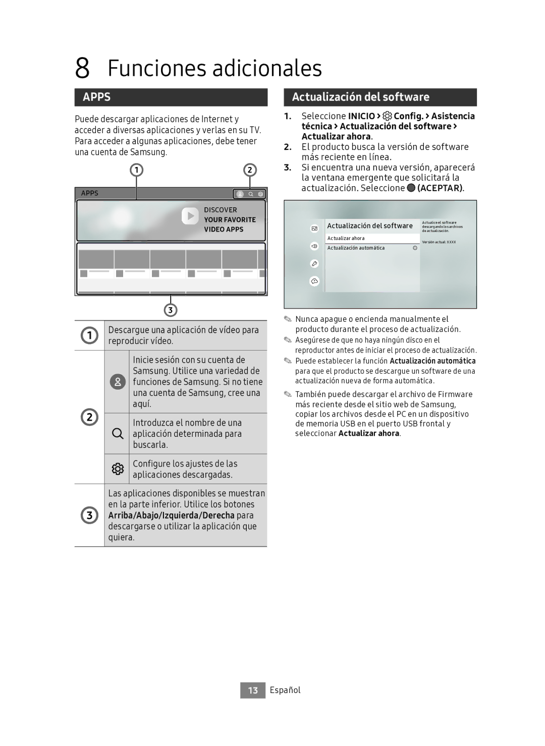 Samsung UBD-M7500/ZF manual Funciones adicionales, Actualización del software, Actualización. Seleccione 