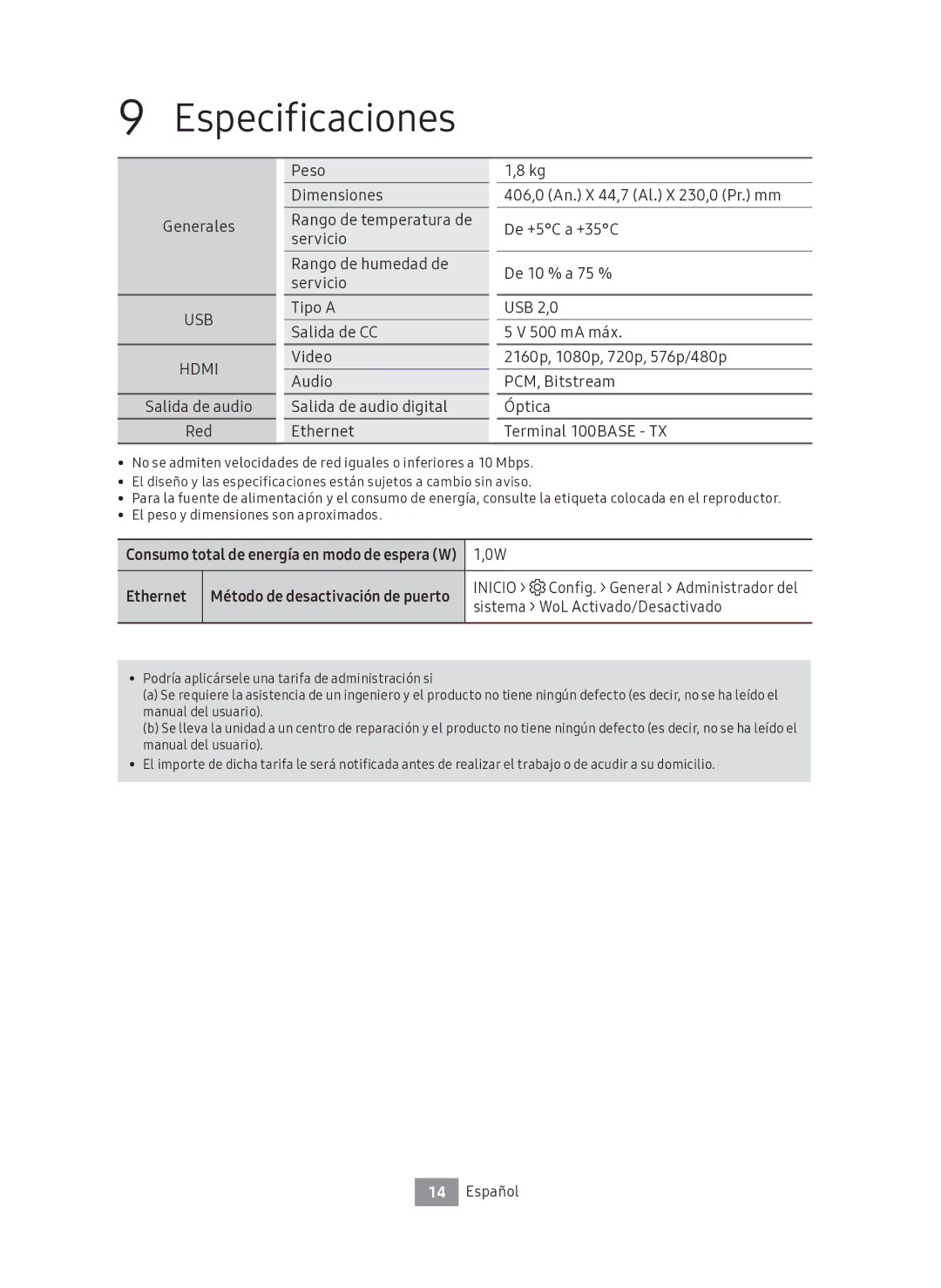 Samsung UBD-M7500/ZF manual Especificaciones, Generales, Inicio Config. General Administrador del 