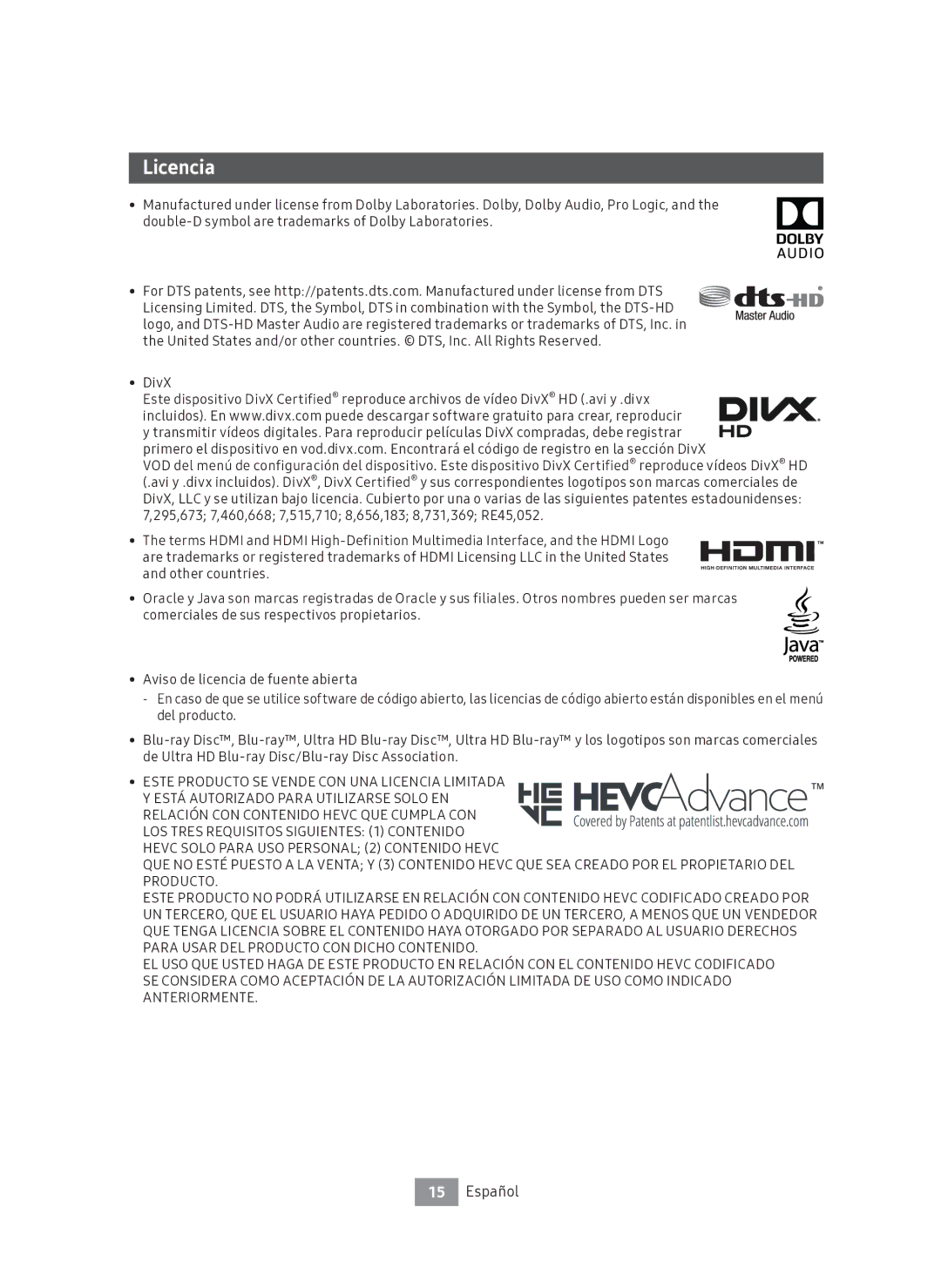 Samsung UBD-M7500/ZF manual Licencia 