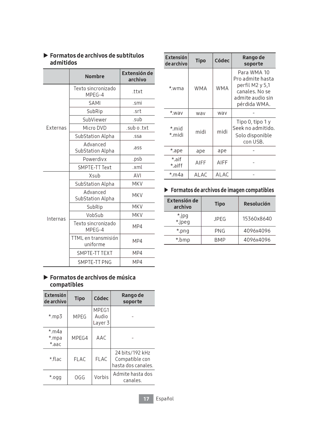 Samsung UBD-M7500/ZF manual Formatos de archivos de subtítulos admitidos, Formatos de archivos de música compatibles 