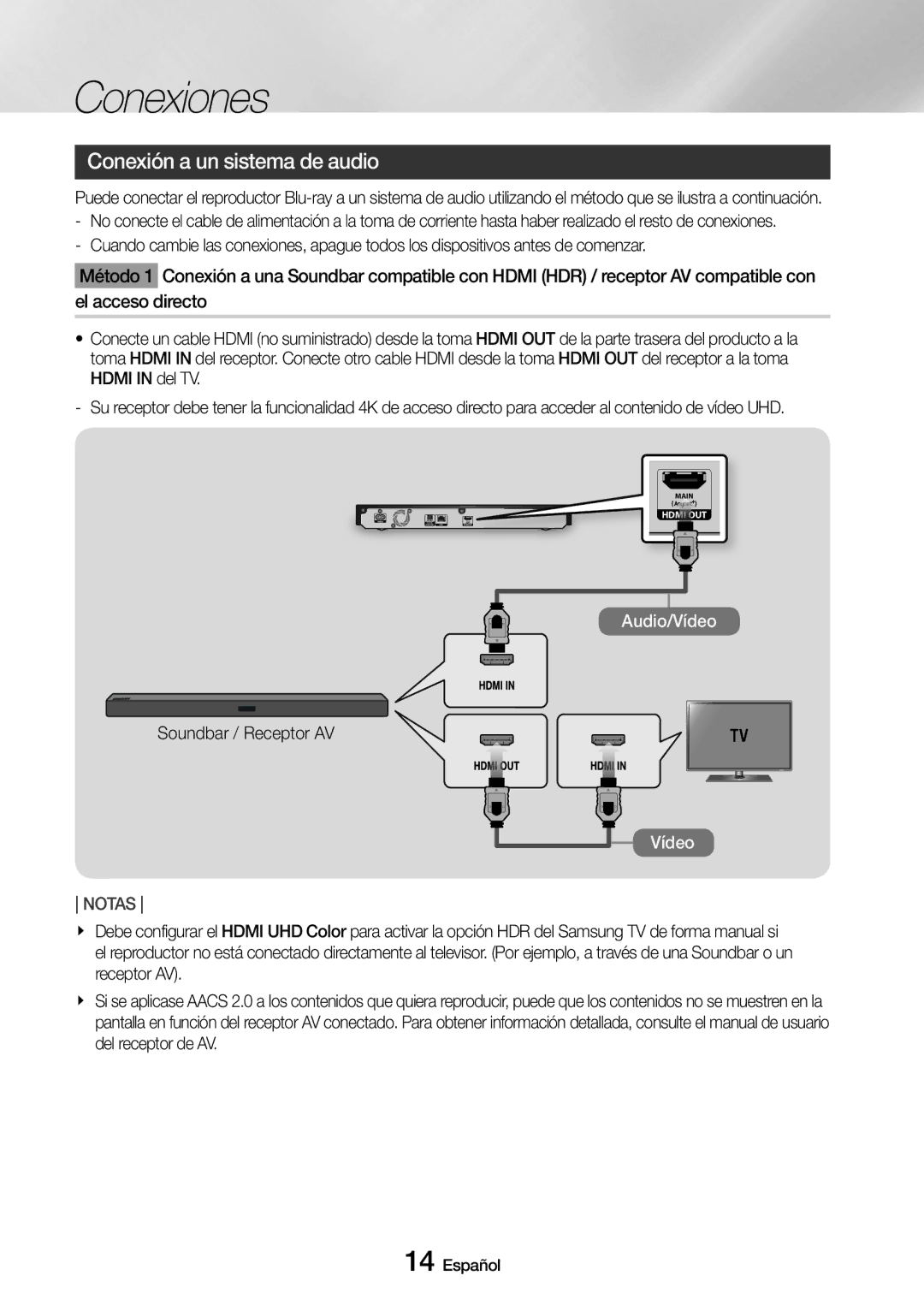 Samsung UBD-M7500/ZF manual Conexión a un sistema de audio, Soundbar / Receptor AV 