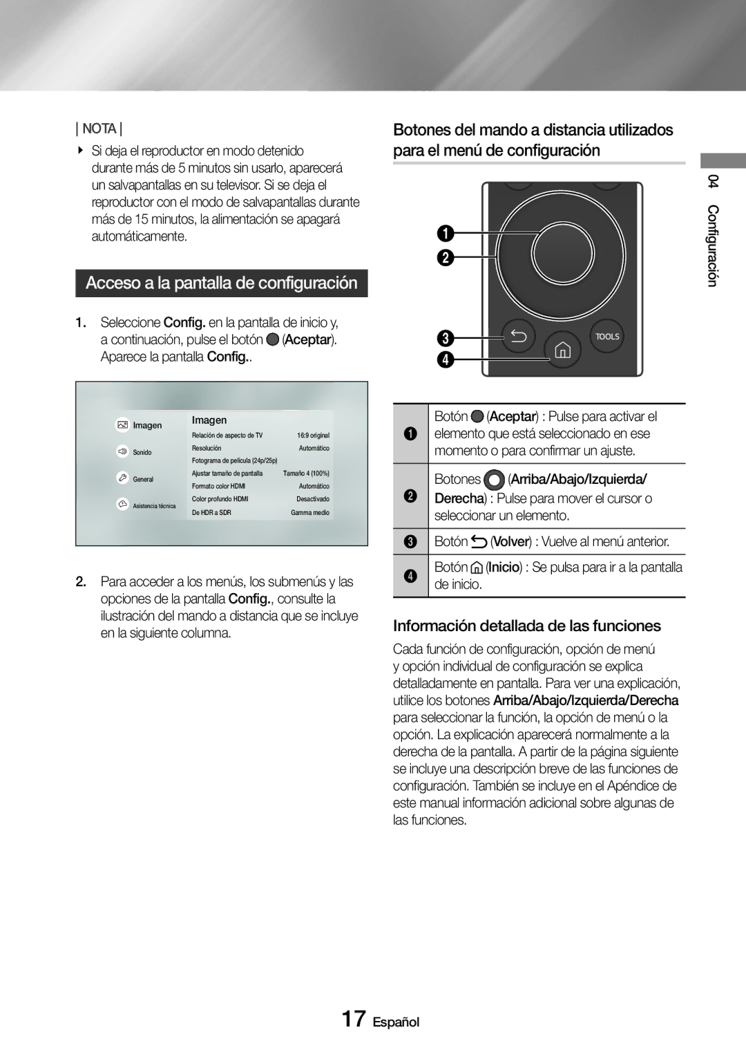 Samsung UBD-M7500/ZF manual Acceso a la pantalla de configuración, Información detallada de las funciones 