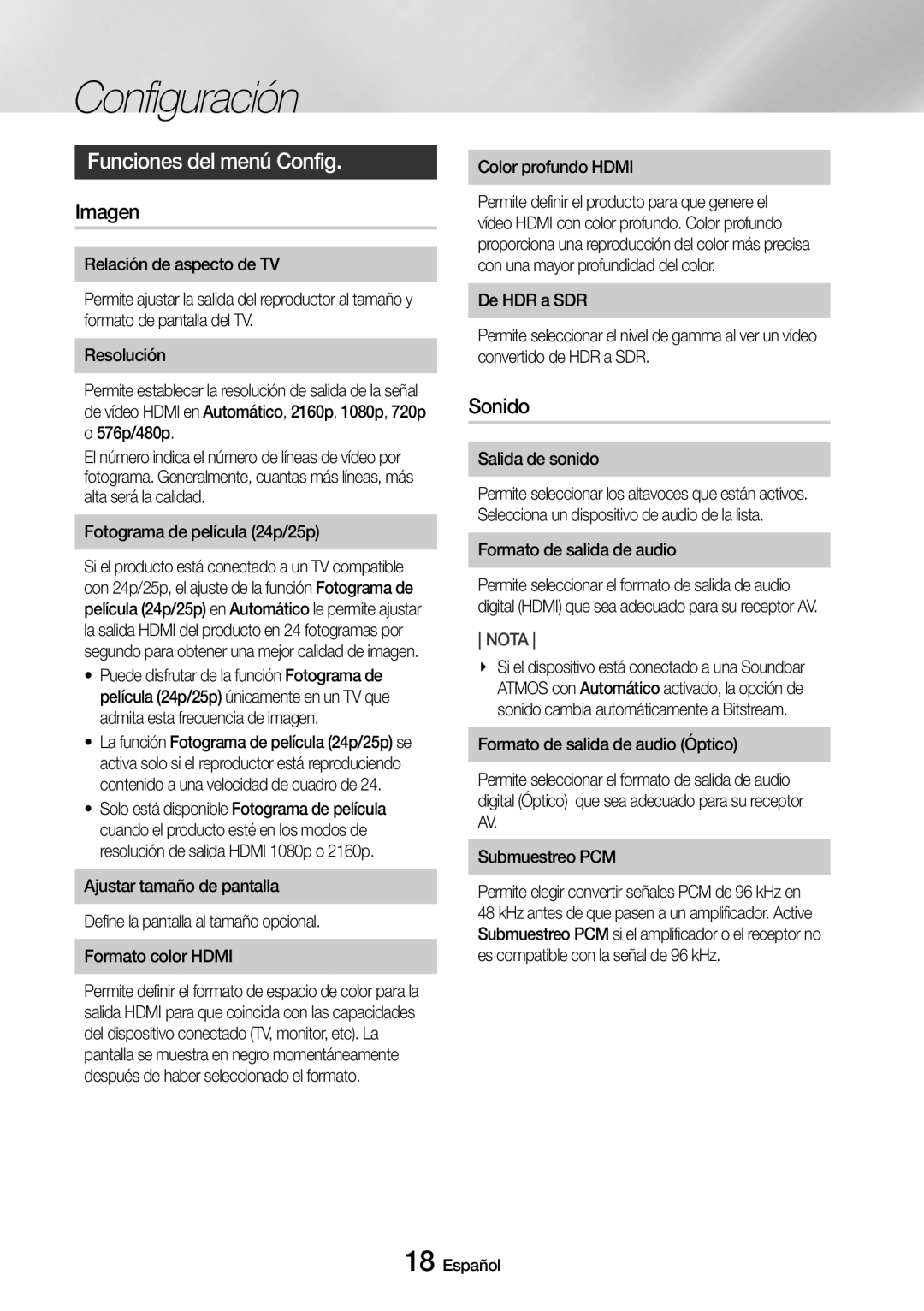 Samsung UBD-M7500/ZF manual Funciones del menú Config, Imagen, Sonido 