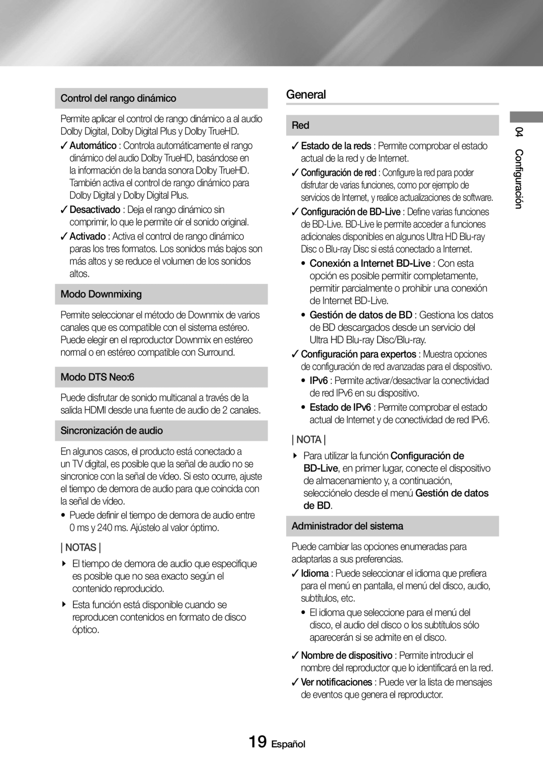 Samsung UBD-M7500/ZF manual General, Control del rango dinámico, Modo DTS Neo6 