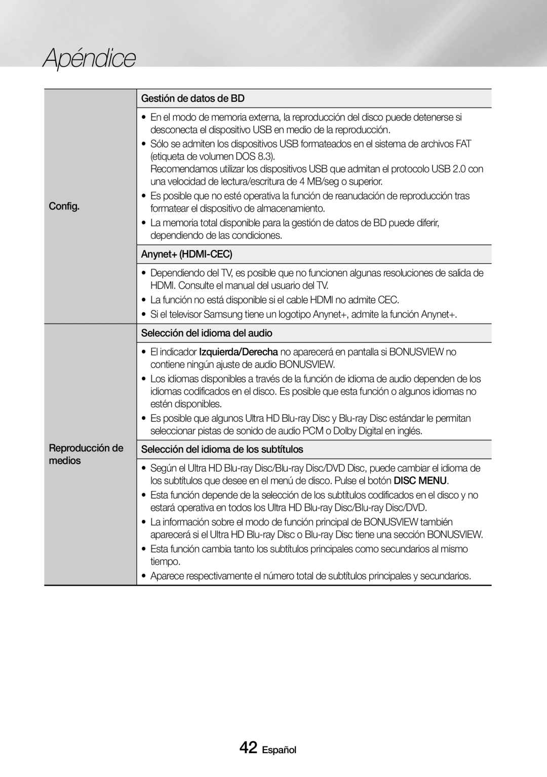 Samsung UBD-M7500/ZF Gestión de datos de BD, Desconecta el dispositivo USB en medio de la reproducción, Anynet+ HDMI-CEC 