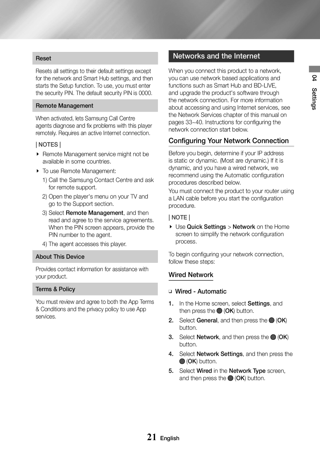 Samsung UBD-M7500/ZF, UBD-M7500/ZG Networks and the Internet, Configuring Your Network Connection, Wired Network, Reset 