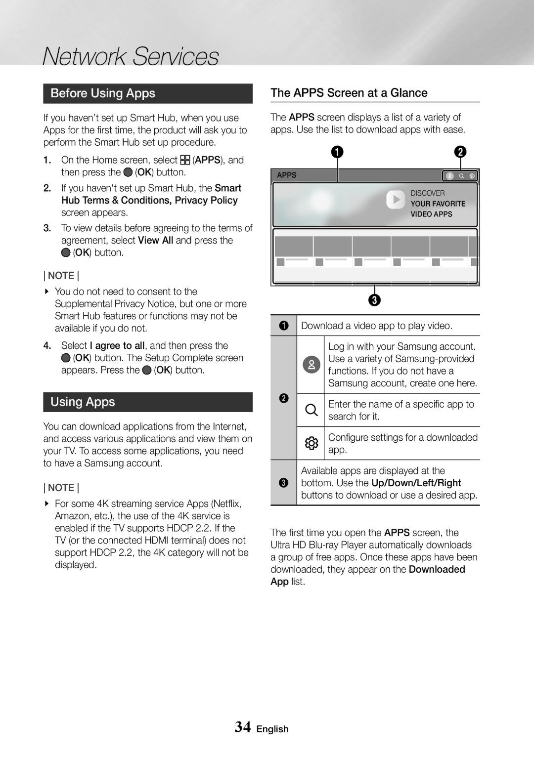 Samsung UBD-M7500/EN, UBD-M7500/ZG, UBD-M7500/ZF Before Using Apps, Apps Screen at a Glance, Appears. Press the OK button 