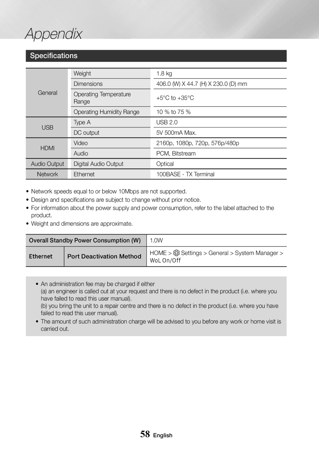 Samsung UBD-M7500/EN, UBD-M7500/ZG, UBD-M7500/ZF, UBD-M7500/XE manual Specifications, Usb 