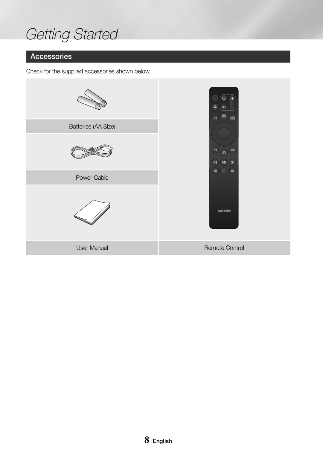 Samsung UBD-M7500/ZG, UBD-M7500/ZF, UBD-M7500/EN, UBD-M7500/XE manual Getting Started, Accessories, Power Cable Remote Control 