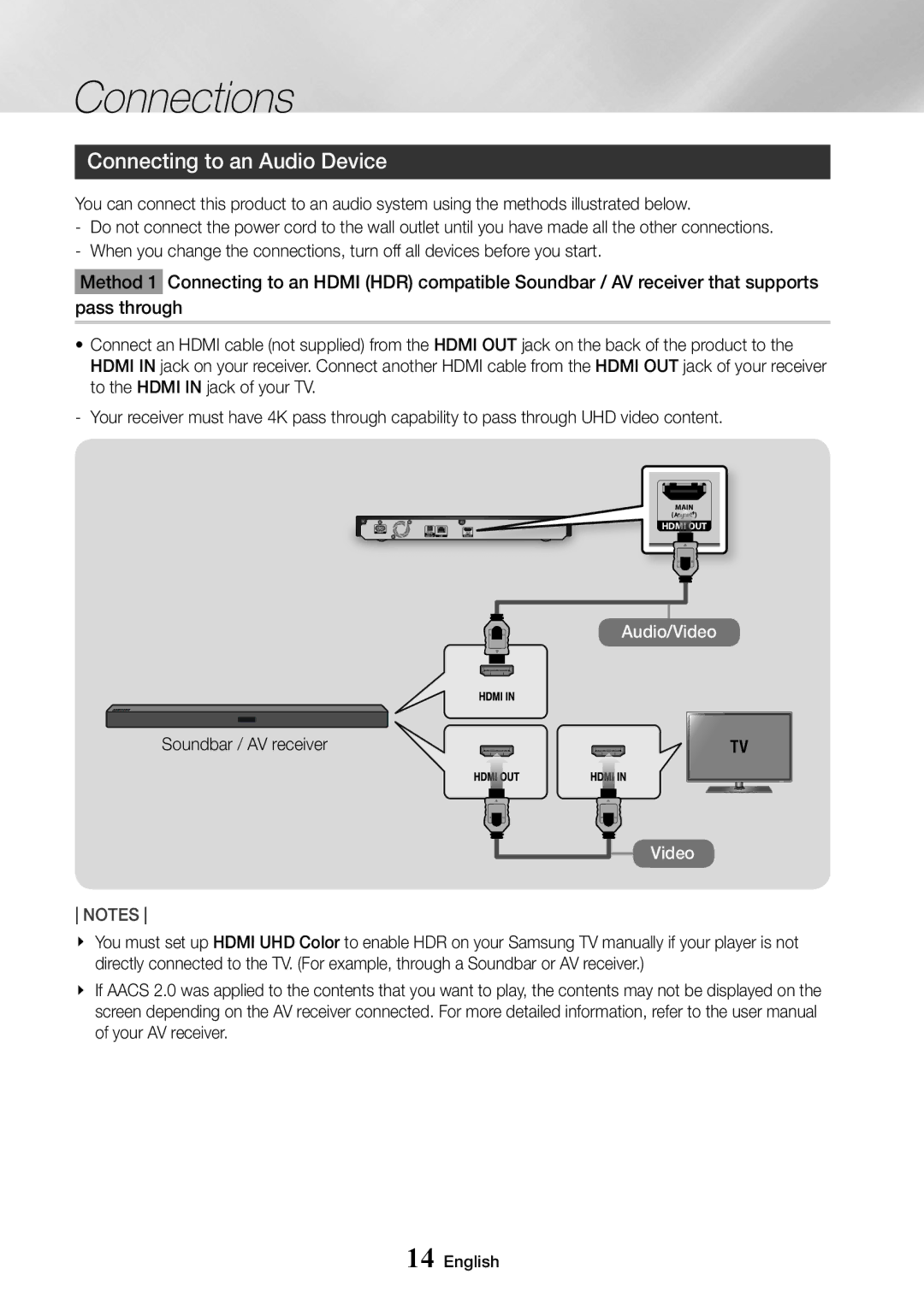 Samsung UBD-M7500/EN, UBD-M7500/ZG, UBD-M7500/ZF, UBD-M7500/XE manual Connecting to an Audio Device, Soundbar / AV receiver 