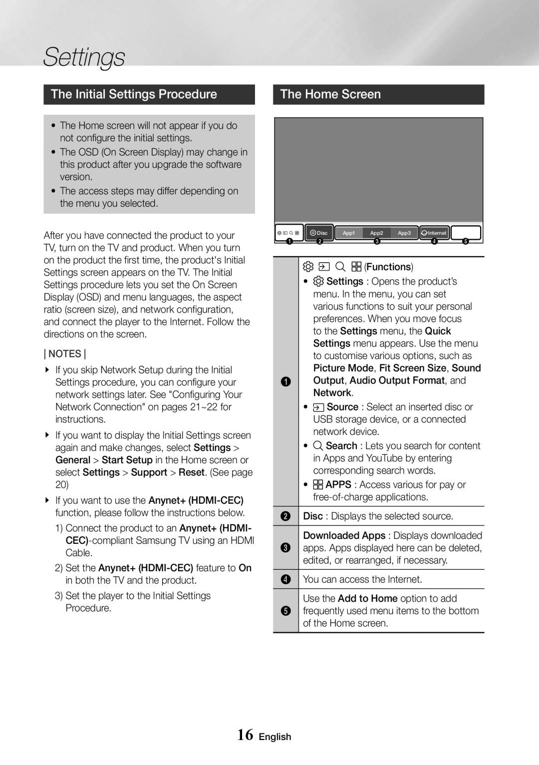 Samsung UBD-M7500/ZG, UBD-M7500/ZF, UBD-M7500/EN, UBD-M7500/XE manual Initial Settings Procedure, Home Screen 