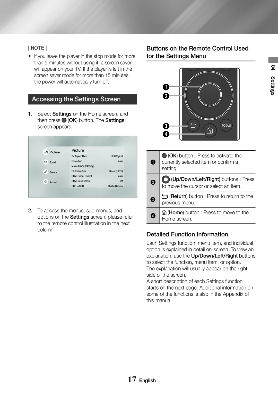 Samsung UBD-M7500/ZF, UBD-M7500/ZG Accessing the Settings Screen, Buttons on the Remote Control Used for the Settings Menu 