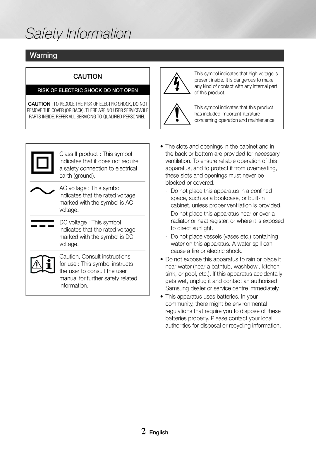 Samsung UBD-M7500/EN, UBD-M7500/ZG, UBD-M7500/ZF, UBD-M7500/XE manual Safety Information, Risk of Electric Shock do not Open 