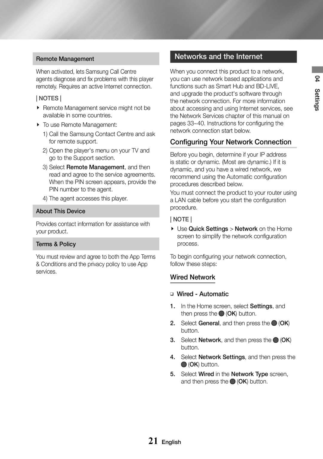 Samsung UBD-M7500/ZF Networks and the Internet, Configuring Your Network Connection, Wired Network, Remote Management 