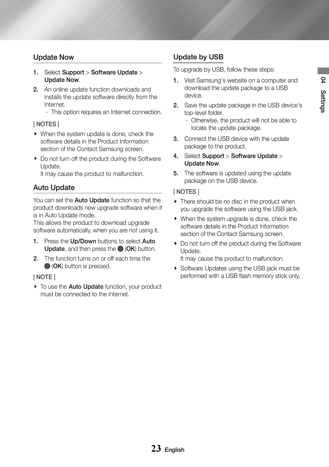 Samsung UBD-M7500/XE, UBD-M7500/ZG, UBD-M7500/ZF, UBD-M7500/EN manual Update by USB, Select Support Software Update Update Now 