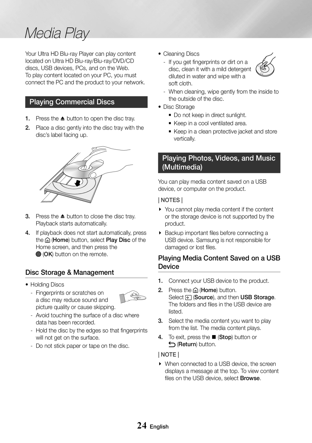 Samsung UBD-M7500/ZG, UBD-M7500/ZF, UBD-M7500/EN manual Media Play, Playing Commercial Discs, Disc Storage & Management 