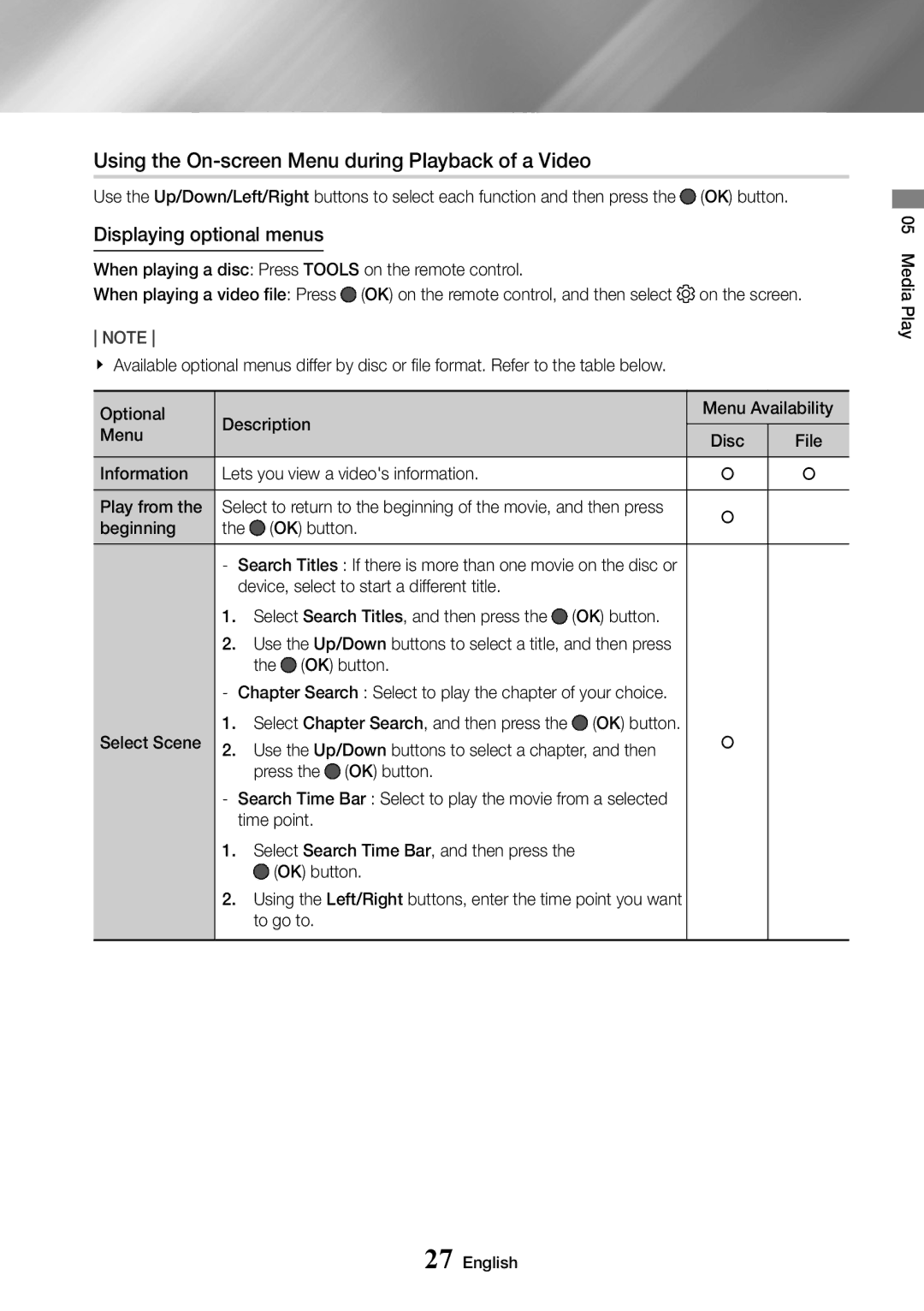 Samsung UBD-M7500/XE, UBD-M7500/ZG manual Using the On-screen Menu during Playback of a Video, Displaying optional menus 