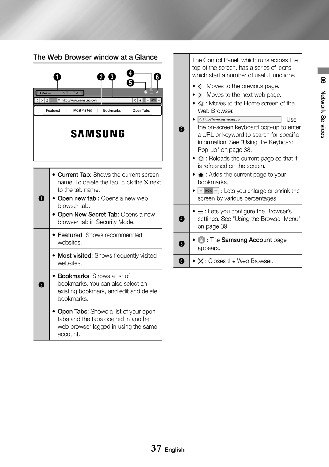 Samsung UBD-M7500/ZF, UBD-M7500/ZG, UBD-M7500/EN, UBD-M7500/XE manual Web Browser window at a Glance 