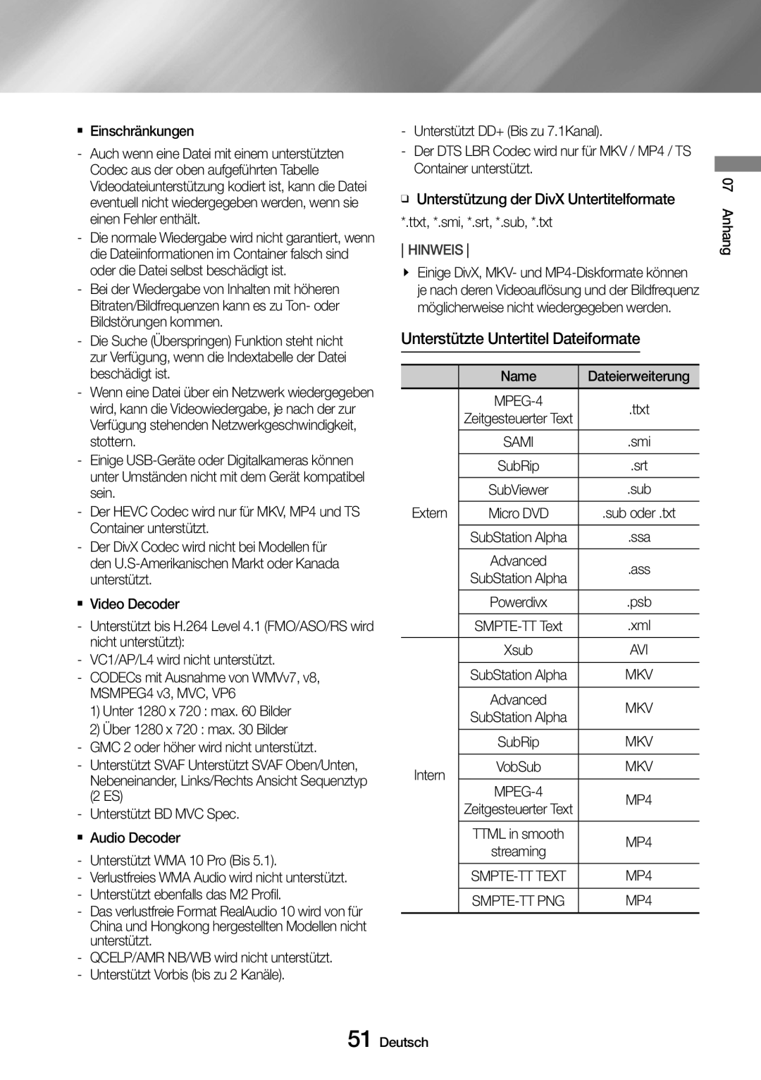 Samsung UBD-M7500/ZG manual Unterstützte Untertitel Dateiformate, `` Einschränkungen, Extern, Intern 