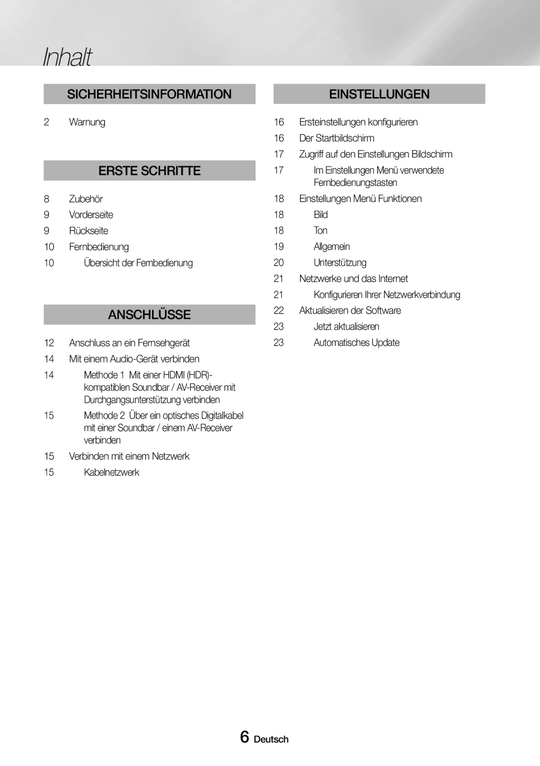 Samsung UBD-M7500/ZG manual Inhalt, Warnung, Zubehör Vorderseite Rückseite Fernbedienung 