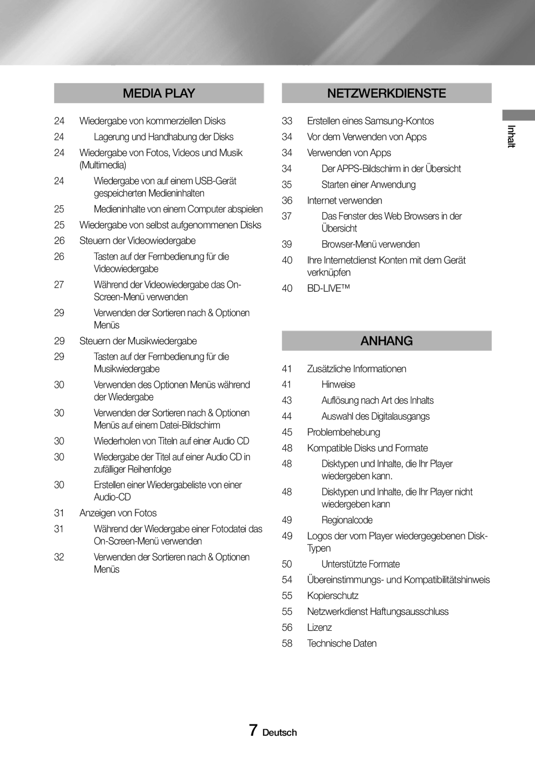 Samsung UBD-M7500/ZG manual Wiedergabe von Fotos, Videos und Musik Multimedia, Bd-Live, Inhalt Deutsch 