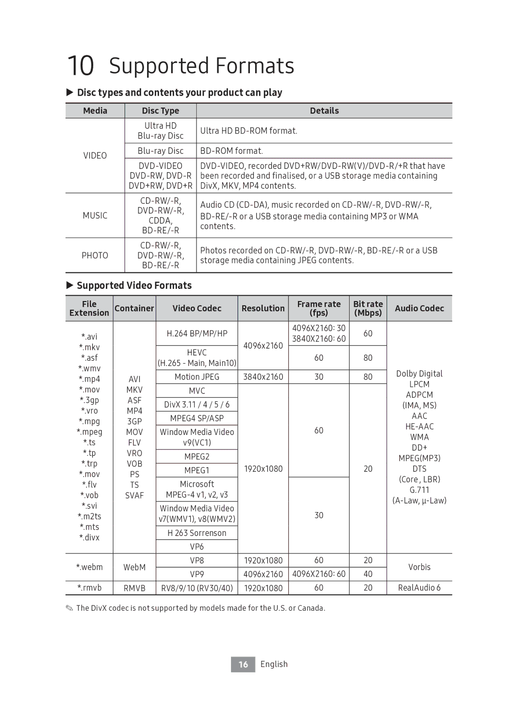 Samsung UBD-M7500/ZG manual Supported Formats, Disc types and contents your product can play, Supported Video Formats 