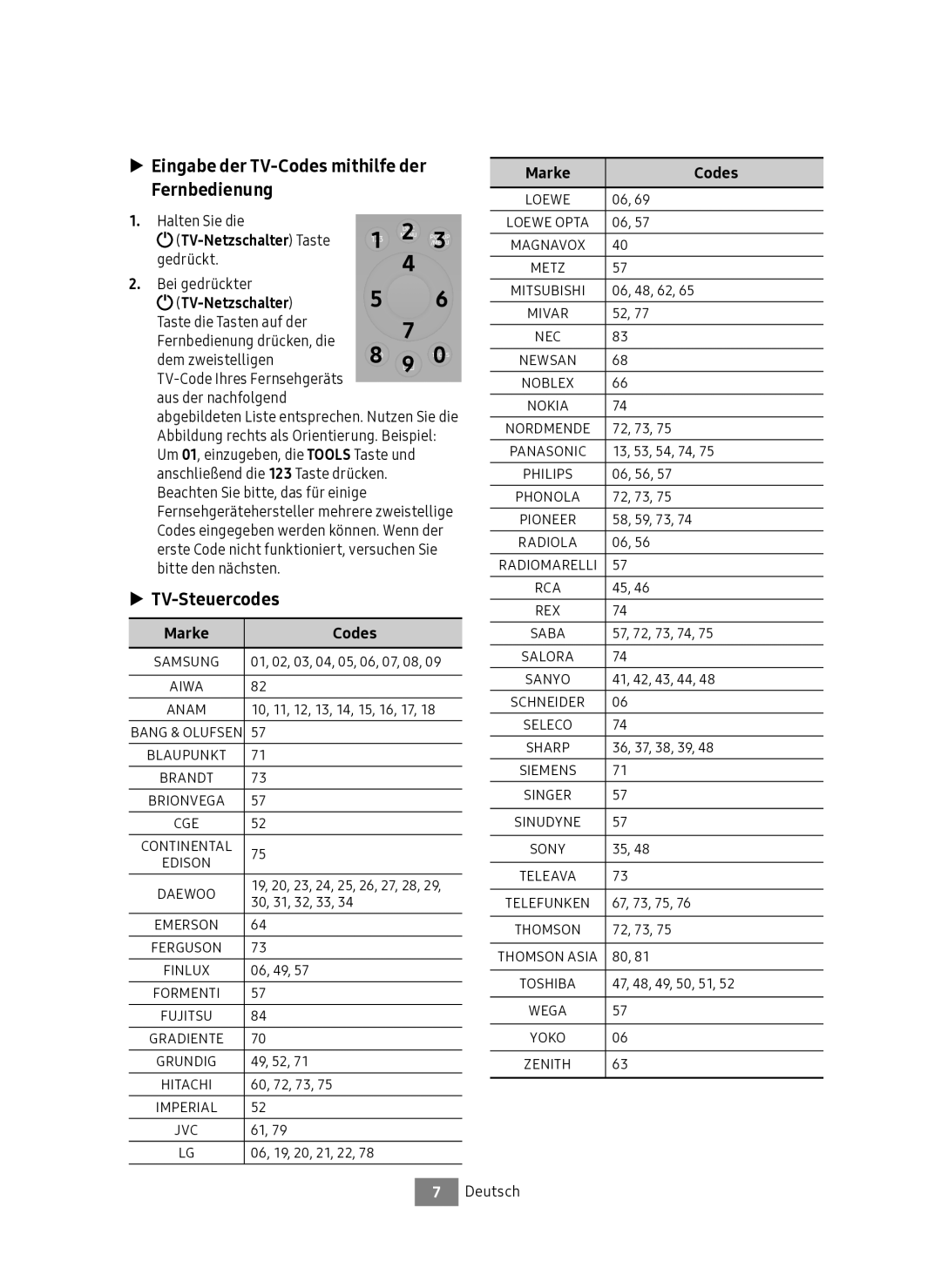 Samsung UBD-M7500/ZG Eingabe der TV-Codes mithilfe der Fernbedienung, TV-Steuercodes, TV-Netzschalter Taste, Marke Codes 