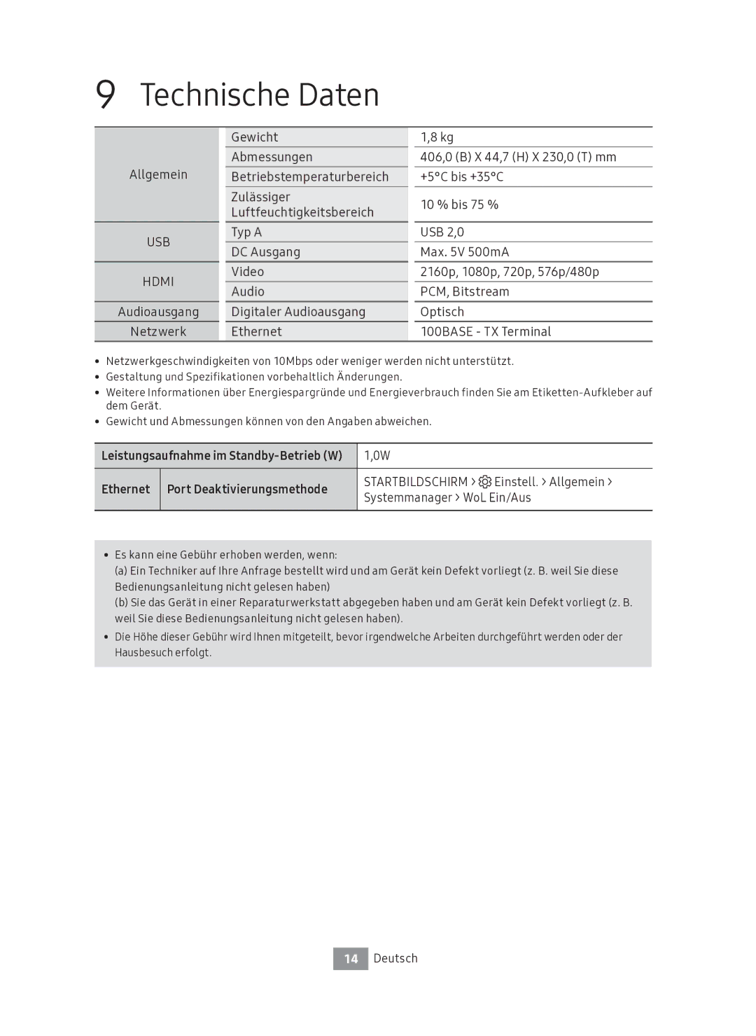 Samsung UBD-M7500/ZG manual Technische Daten, Allgemein 