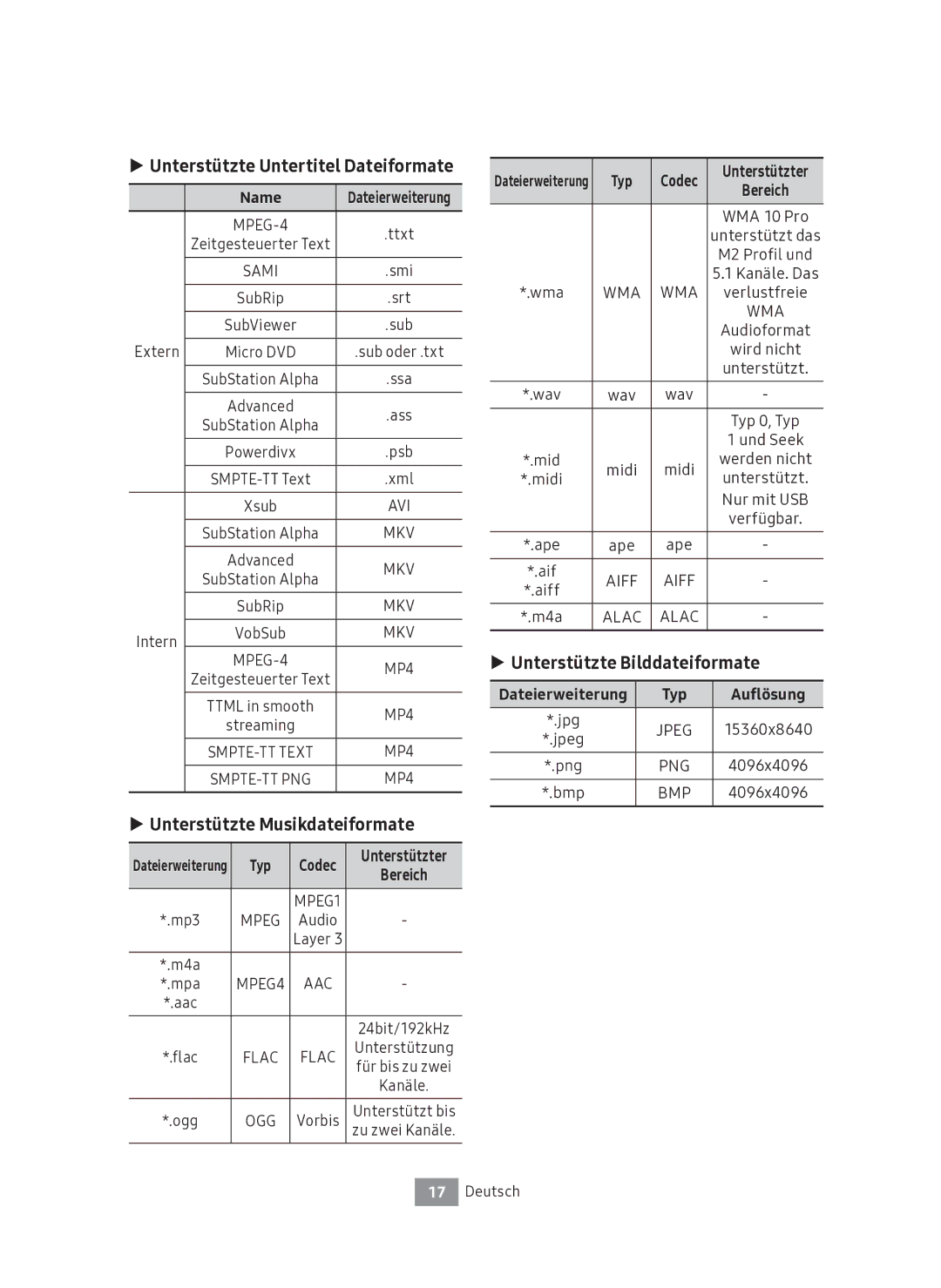 Samsung UBD-M7500/ZG Unterstützte Untertitel Dateiformate, Unterstützte Musikdateiformate, Unterstützte Bilddateiformate 