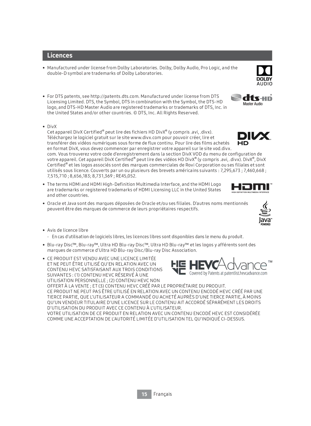 Samsung UBD-M7500/ZG manual Licences, CE Produit EST Vendu Avec UNE Licence Limitée 