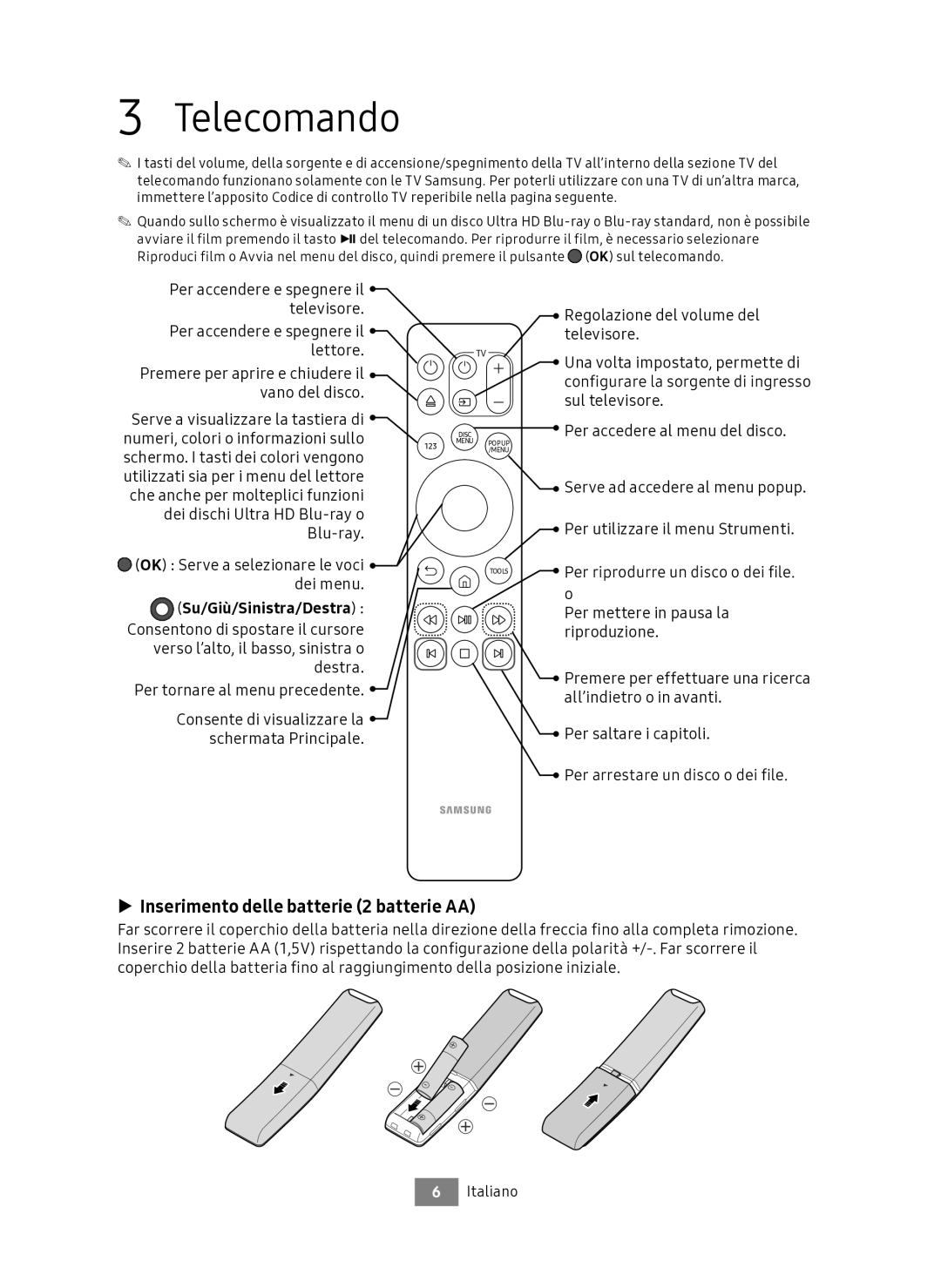 Samsung UBD-M7500/ZG Telecomando, Inserimento delle batterie 2 batterie AA, Numeri, colori o informazioni sullo, Dei menu 