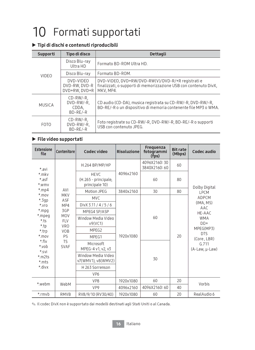 Samsung UBD-M7500/ZG manual Formati supportati, Tipi di dischi e contenuti riproducibili, File video supportati 