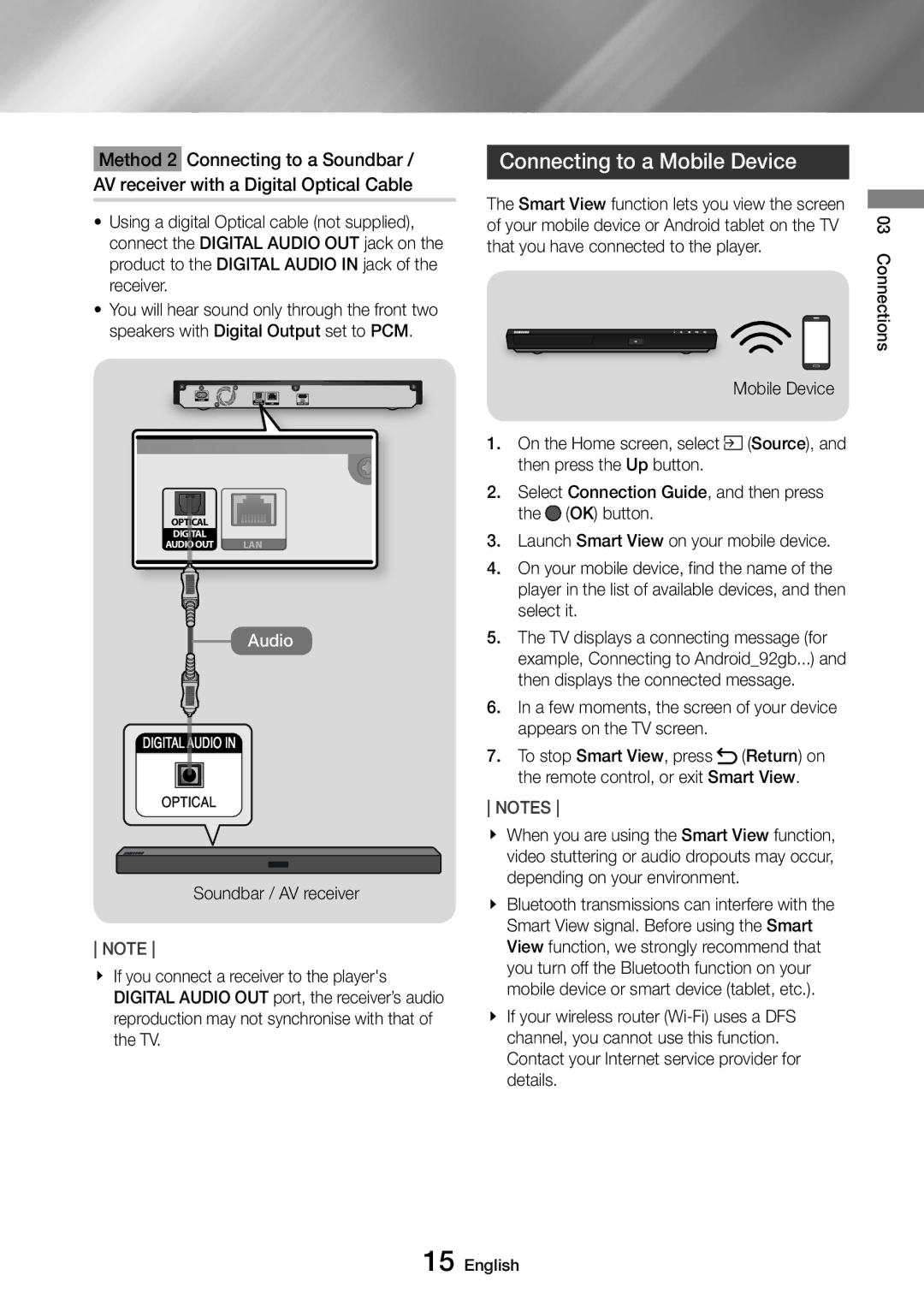 Samsung UBD-M8500/XE, UBD-M8500/EN, UBD-M8500/ZG, UBD-M8500/ZF manual Connecting to a Mobile Device, Audio 