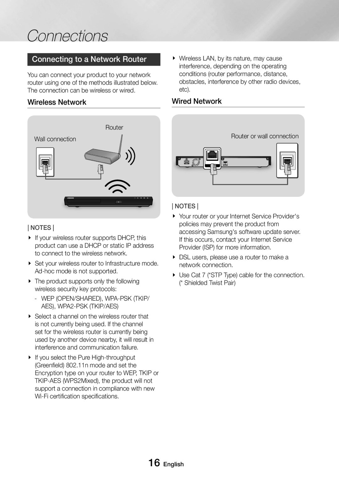 Samsung UBD-M8500/EN manual Connecting to a Network Router, Wireless Network, Wired Network, Router or wall connection 