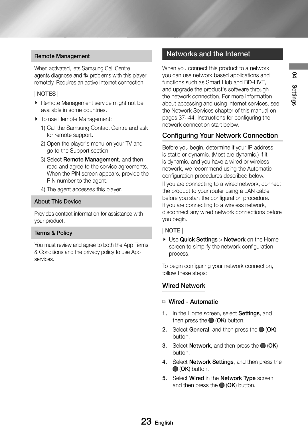 Samsung UBD-M8500/XE Networks and the Internet, Configuring Your Network Connection, Wired Network, Remote Management 