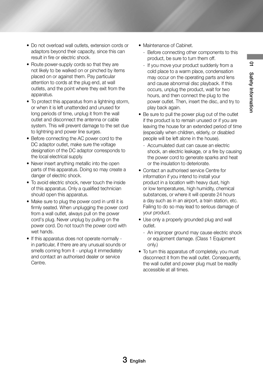 Samsung UBD-M8500/XE, UBD-M8500/EN, UBD-M8500/ZG, UBD-M8500/ZF manual Safety Information English 