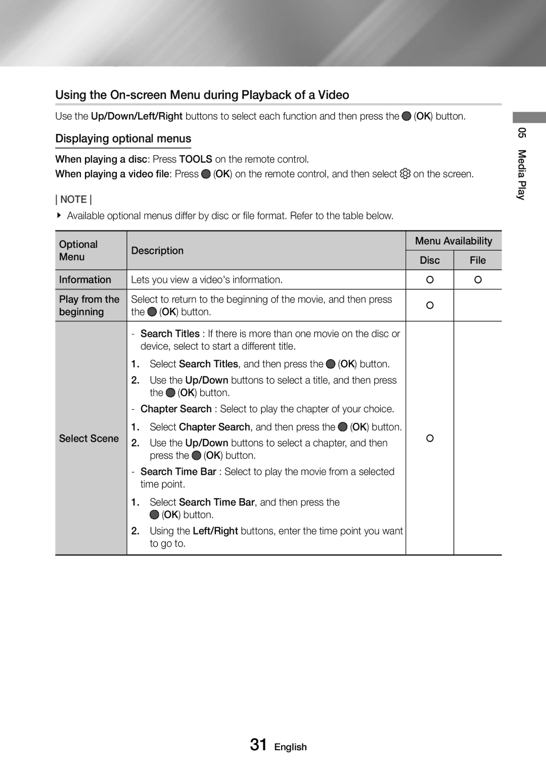 Samsung UBD-M8500/XE, UBD-M8500/EN manual Using the On-screen Menu during Playback of a Video, Displaying optional menus 