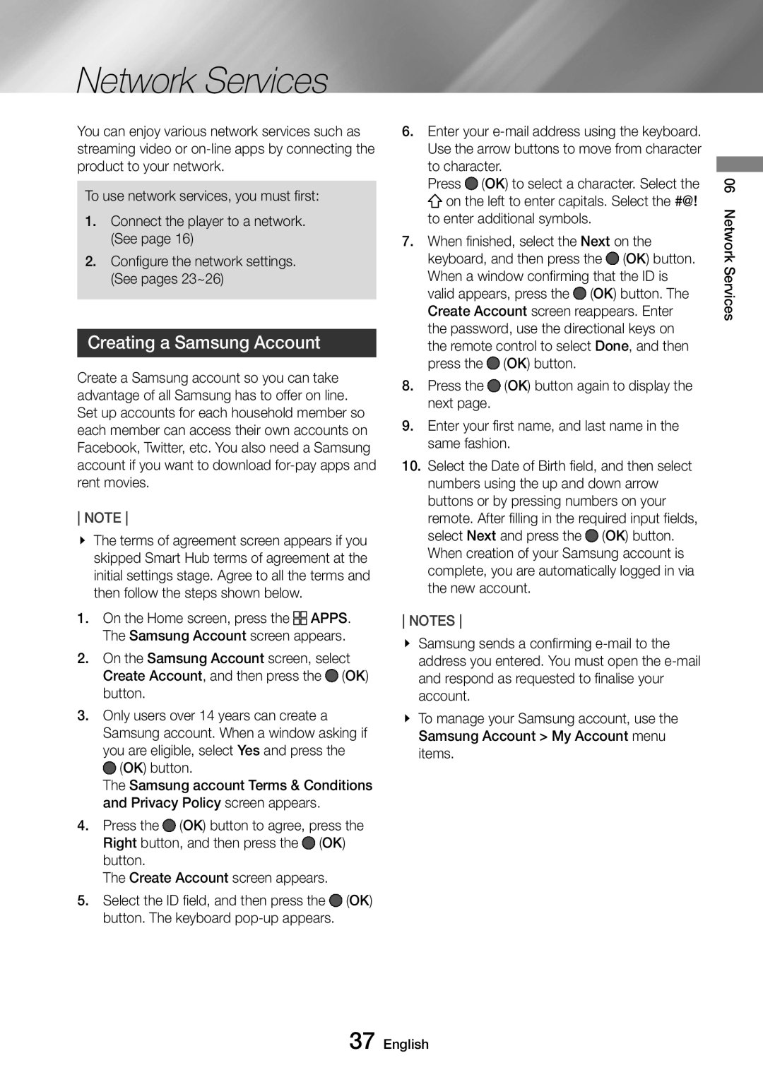 Samsung UBD-M8500/ZG, UBD-M8500/EN, UBD-M8500/ZF, UBD-M8500/XE manual Network Services, Creating a Samsung Account 