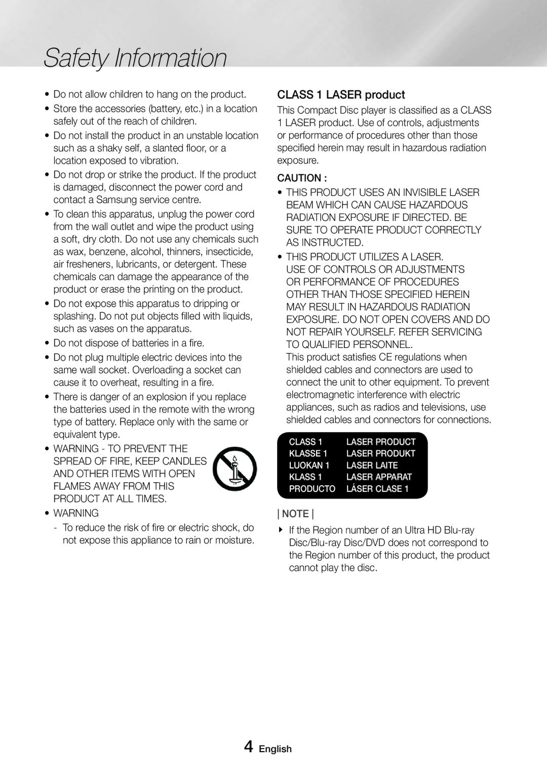 Samsung UBD-M8500/EN, UBD-M8500/ZG, UBD-M8500/ZF, UBD-M8500/XE manual Safety Information, Class 1 Laser product 