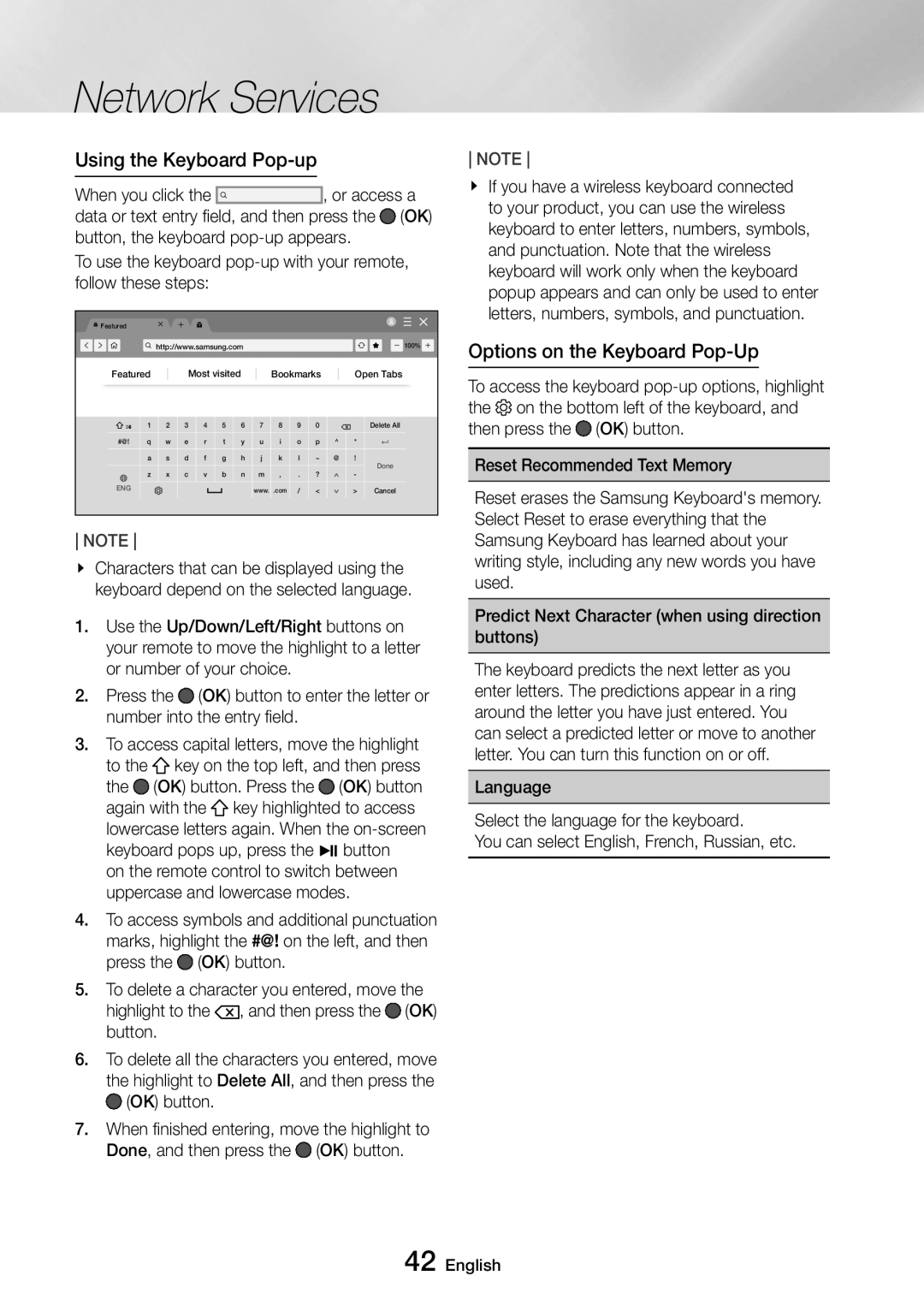 Samsung UBD-M8500/ZF, UBD-M8500/EN, UBD-M8500/ZG, UBD-M8500/XE Using the Keyboard Pop-up, Options on the Keyboard Pop-Up 