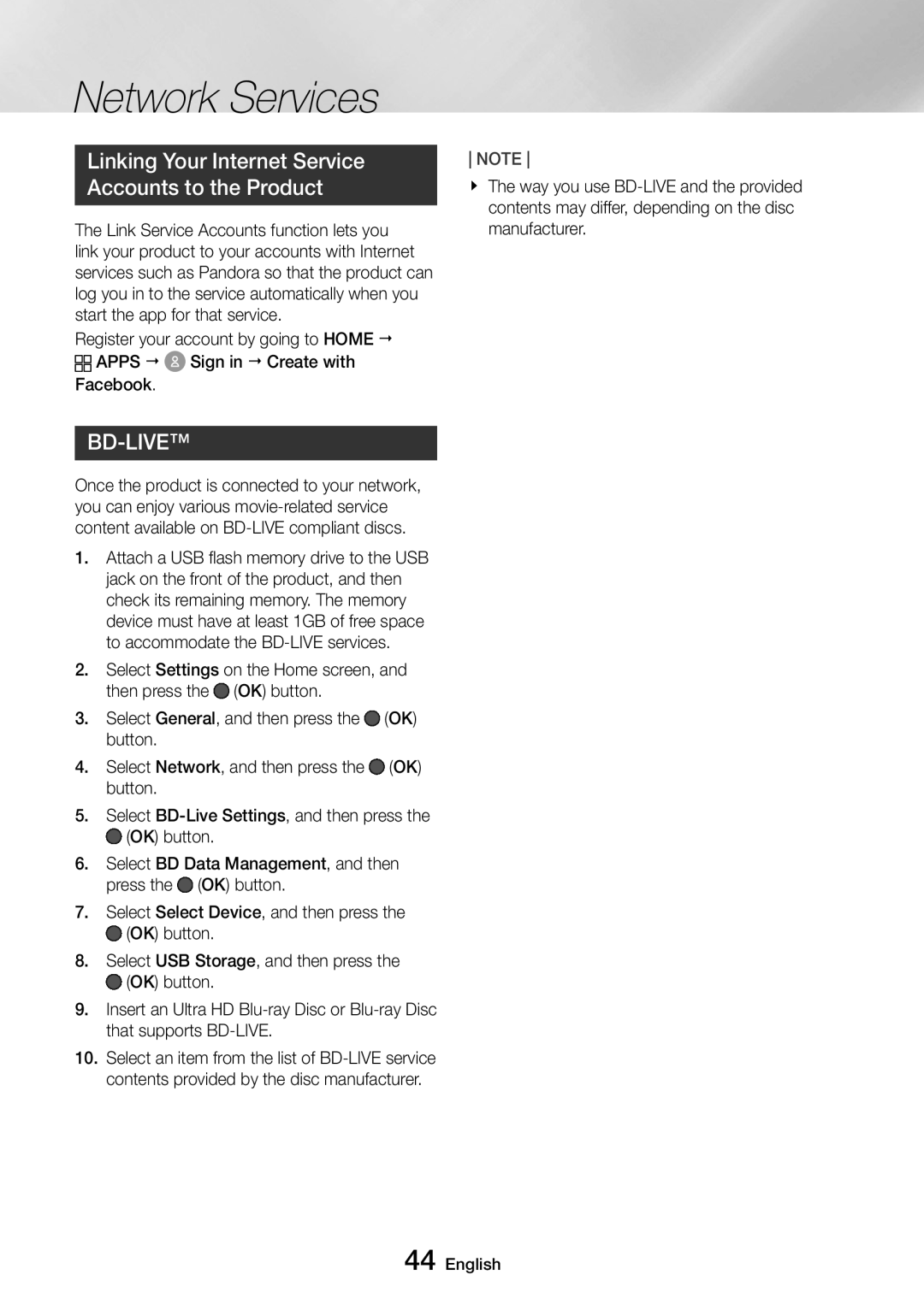 Samsung UBD-M8500/EN, UBD-M8500/ZG, UBD-M8500/ZF manual Linking Your Internet Service Accounts to the Product, Bd-Live 