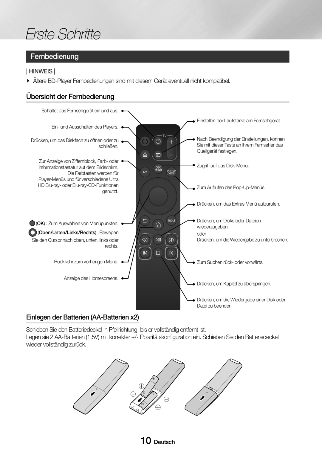Samsung UBD-M8500/EN, UBD-M8500/ZG manual Übersicht der Fernbedienung, Einlegen der Batterien AA-Batterien 