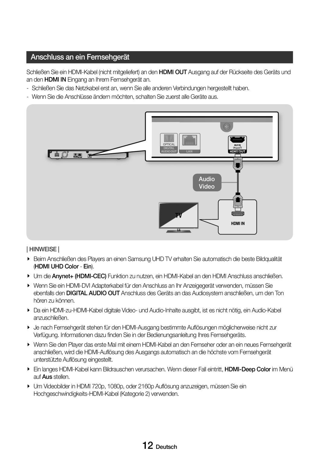 Samsung UBD-M8500/EN, UBD-M8500/ZG manual Anschlüsse, Anschluss an ein Fernsehgerät 