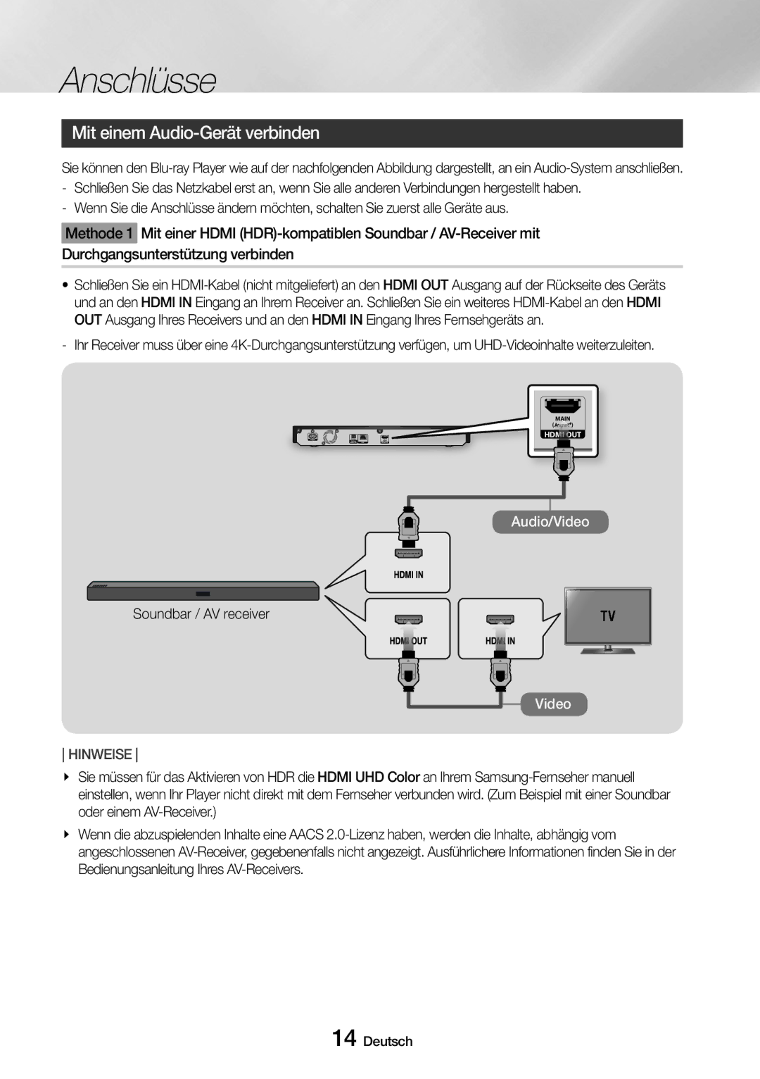 Samsung UBD-M8500/EN, UBD-M8500/ZG manual Mit einem Audio-Gerät verbinden, Soundbar / AV receiver 